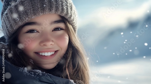 Obraz na płótnie Smiling girl in a winter hat snowy day outdoors w salonie
