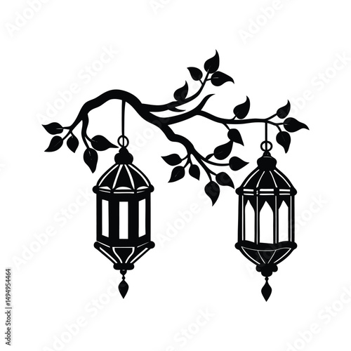 Elegant Silhouette of Lanterns Hanging from a Branch with Leaves
