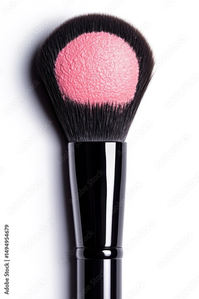 Close up of a blush brush with pink blush