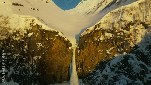 Frozen waterfall in winter. aerial view