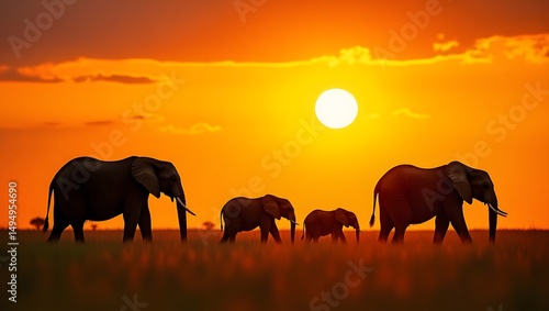 Fototapeta Naklejka Na Ścianę i Meble -  African elephants walking at sunset in serengeti national park tanzania africa