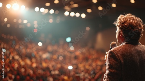 Confident male speaker delivering inspiring presentation on stage with dramatic side lighting, addressing professional audience in a blurred conference setting, leadership and motivation concept