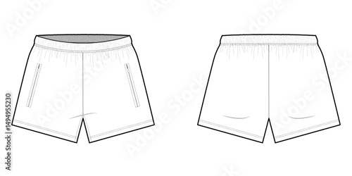 Elastic Waist Shorts With Two Front Pockets with Invisible Zippers- Front and Back View- Flat Vector Illustration- CAD Mock-up