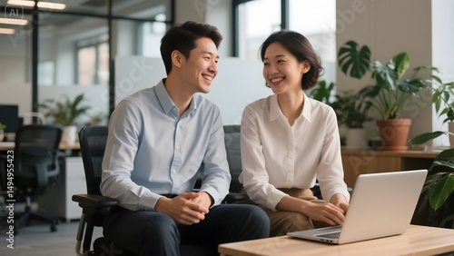young asian businessman and woman in business casual clothes, working together on laptop, smiling and discussing, modern open office interior with potted plants, warm lighting, cozy atmosphere
