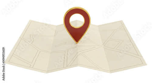 Free Download Isolated Folded Paper Map with Red and Gold Location Pin Pointer - GFXLoad