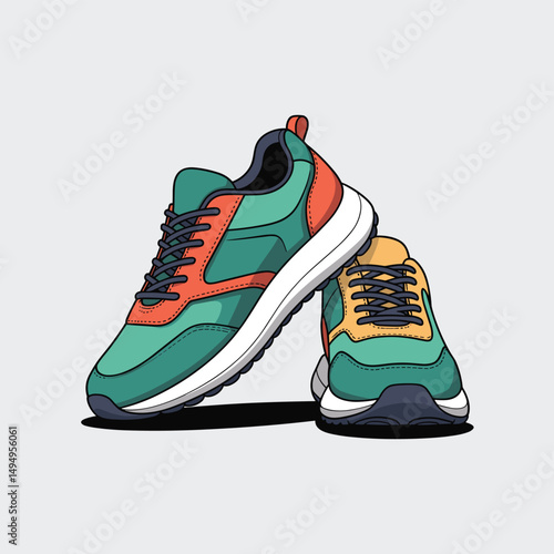 A colorful vector illustration of a pair of modern sneakers placed diagonally, flat design style with no
