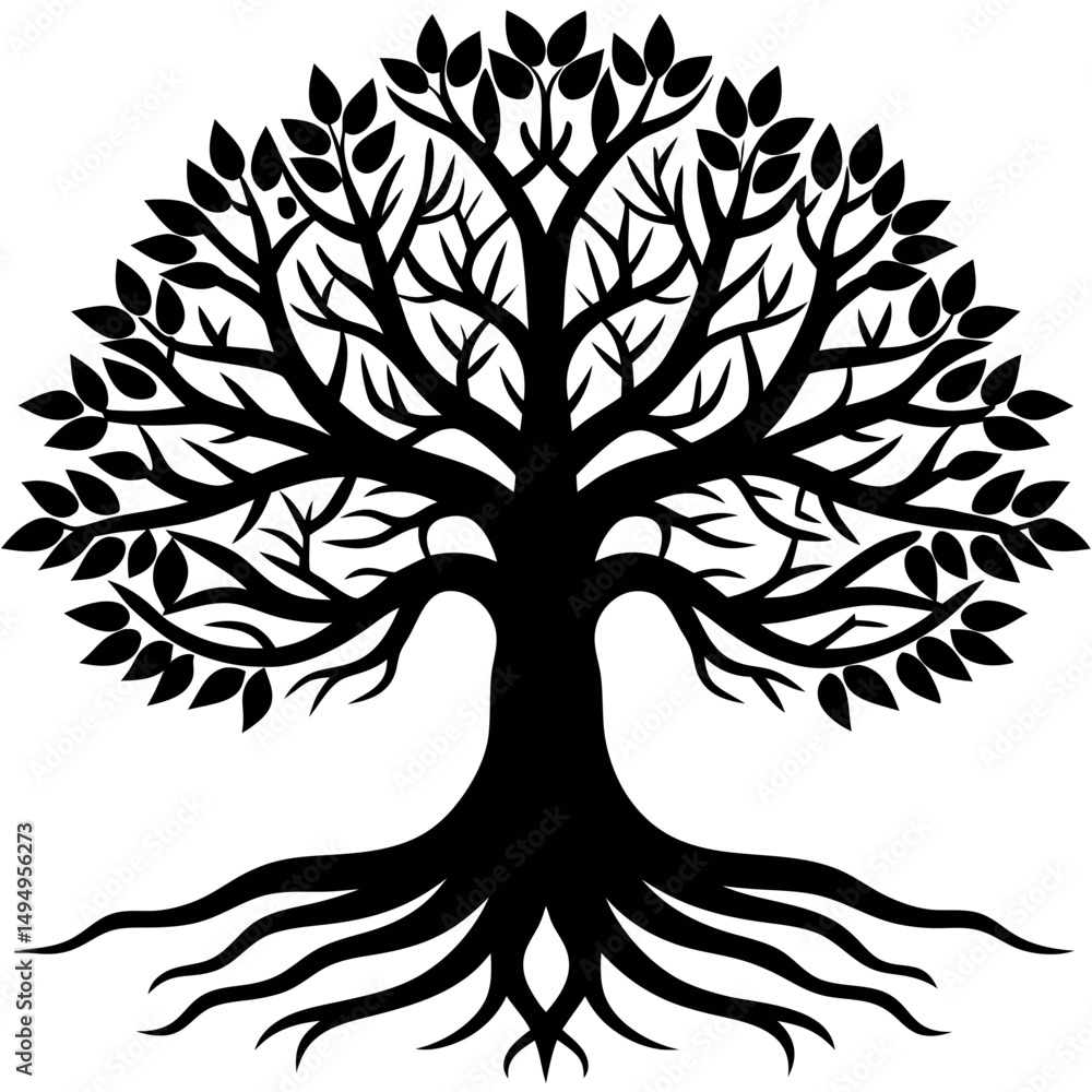 Obraz premium Vector tree silhouette illustration with black branches and a leafy design, symbolizing nature's growth through seasons