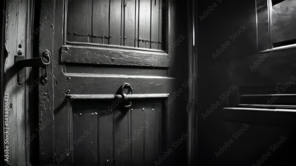 A black and white close-up shot shows a dark, old wooden door with a metal latch and handle, set within a dimly lit, possibly antique, interior space, suggesting a mysterious or historical setting. A black and white close-up shot shows a dark, old wooden door with a metal latch and handle, set within a dimly lit, possibly antique, interior space, suggesting a mysterious or historical setting.