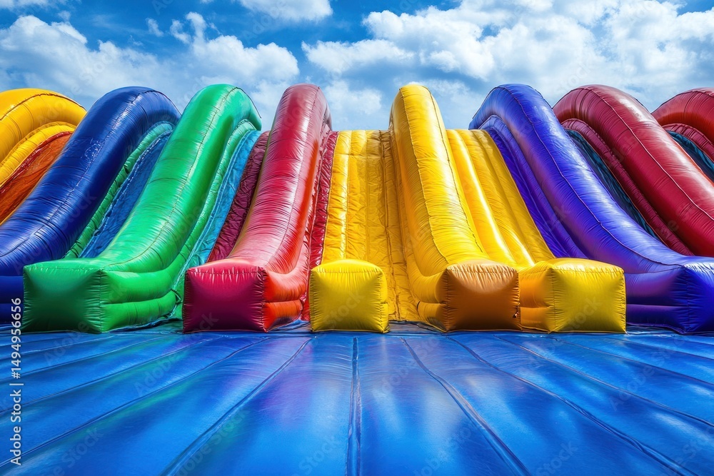 Colorful inflatable slides in a park