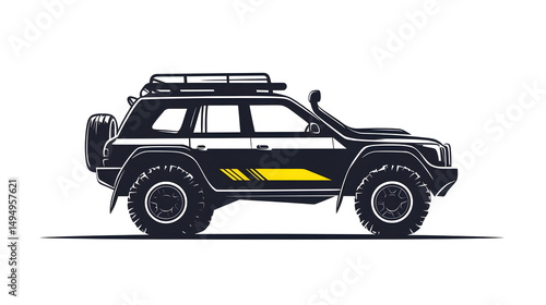 Minimalist black and white logo of a Dakar rally raid car featuring reinforced 4x4 design, roof intake, heavy-duty suspension, spare tires, yellow side accent, pastel color touches on a clean white ba