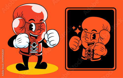 Vintage psychedelic cartoon with a groovy retro boxing glove mascot and label design.