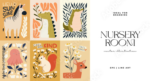Abstract Childrens Room posters template. Modern trendy Kids minimal style. Hand drawn design for wallpaper, wall decor, print, postcard, cover, template, banner.