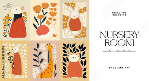 Abstract Childrens Room posters template. Modern trendy Kids minimal style. Hand drawn design for wallpaper, wall decor, print, postcard, cover, template, banner.