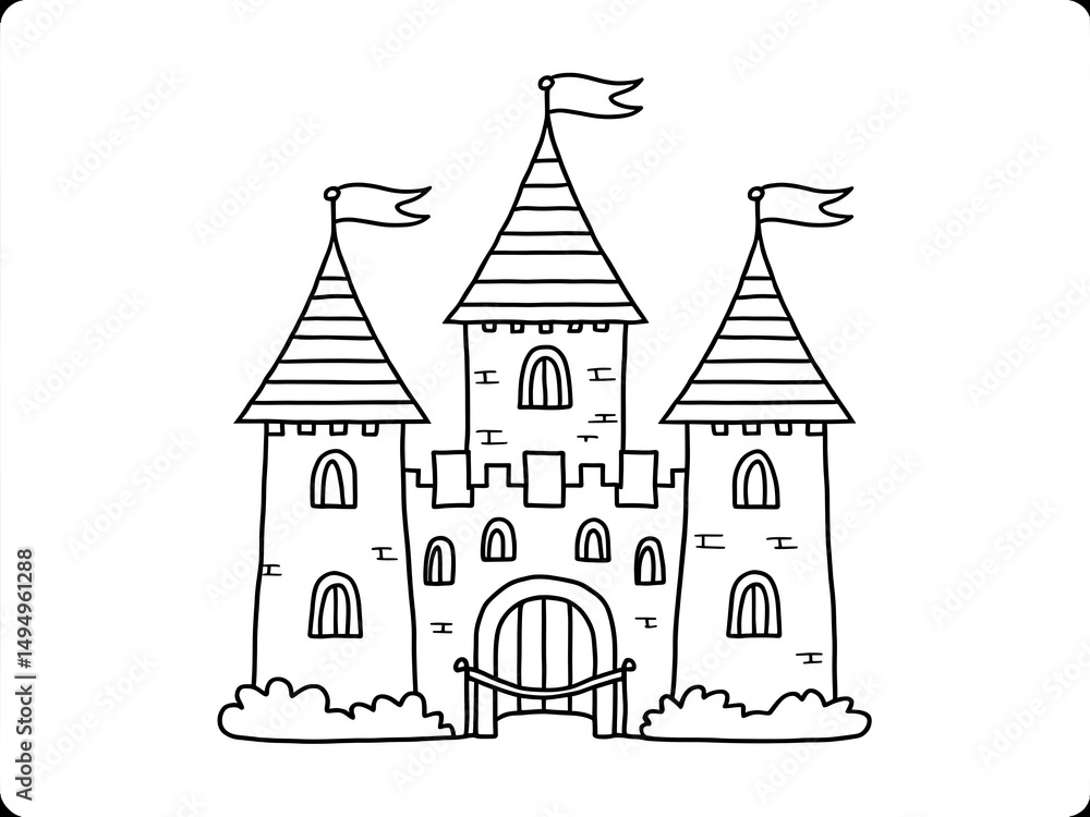 Fototapeta premium Castle with Towers and Flags, Fairy Tale-Themed Coloring Page for Kids, Simple and Fun Design, White Background