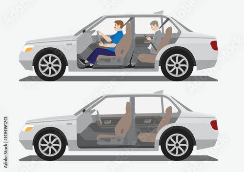 sedan car cutaway side open view  with driver and passenger and empty inside