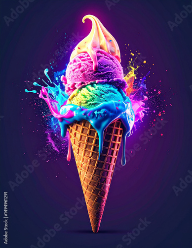 Waffle Ice Cream Cone with Vanilla Scoop and Neon Graphic Sleeve