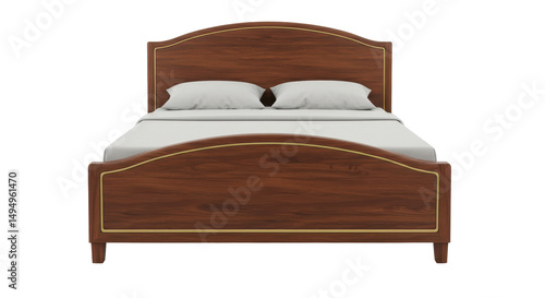 Isolated Classic Wooden Double Bed Frame with White Linens and Pillows