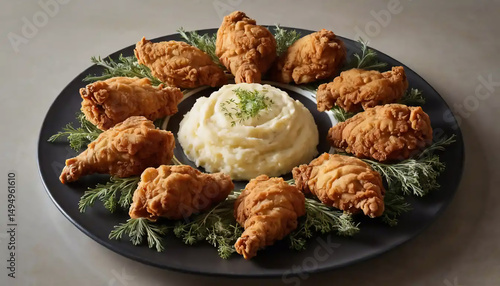 Fried chicken arranged in a spiral formation on a round plate, with each piece balanced on a tiny pedestal of mashed potatoes like a culinary sculpture garden