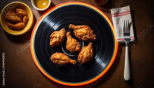 An overhead shot of fried chicken served on a plate shaped like a vinyl record, the grooves reflecting spicy oil under retro diner lighting