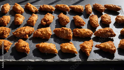 Fried chicken pieces are lined up like dominoes across a stone plate, with sharp afternoon window shadows creating a rhythmic pattern of light and flavor