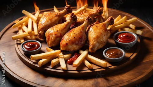 Chicken pieces arranged like a campfire on a round wooden plate, with fries forming the firewood and sauces creating a glowing ember effect