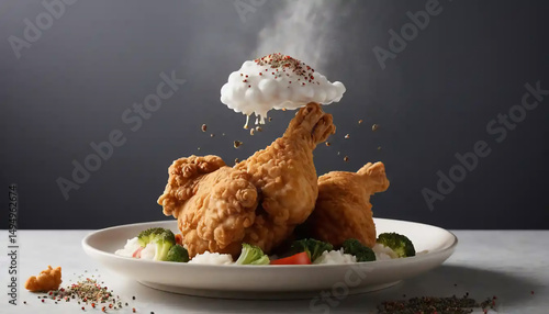 A cloud-shaped ceramic plate holds fried chicken that appears to be falling from the sky, with gentle steam rising and crushed pepper raining down