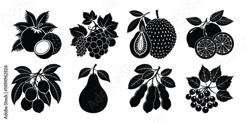 set of fruits, fruits silhouette, fruits set, black, fruits design