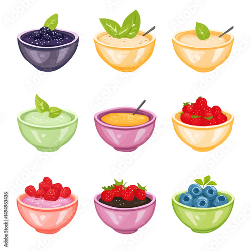 My Simple flat 2D illustration of a smoothie bowl set isolated on a transparent background, vector, flat design, animation design, simple flat 2D icon, clipart