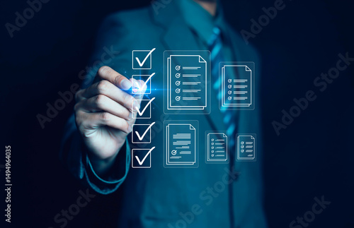 Wallpaper Mural Businessman checking checkbox, Business performance checklist concept, Survey, Check off checklist, Fill out online form, Document management system, DMS, Performance appraisal  Torontodigital.ca
