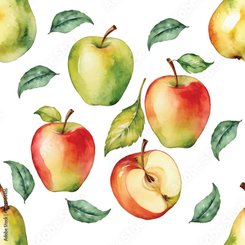 Seamless Watercolor Apples and Bears Pattern.