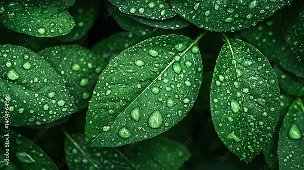 Fototapeta premium Dew Drops on Lush Green Leaves Nature Beauty