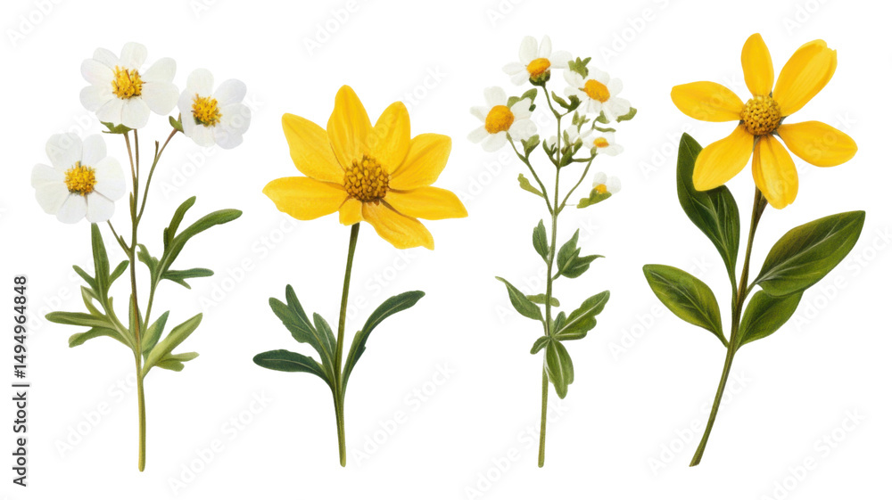Fototapeta premium Beautiful Set of White and Yellow Wildflowers with Natural Details Isolated on White Background