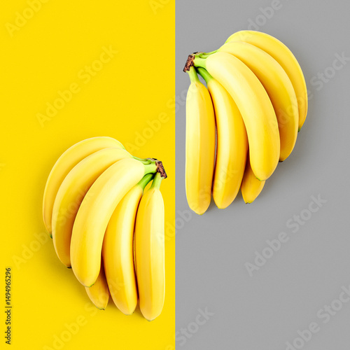 Banana fruit bunch photography abstract poster on grey and yellow background.