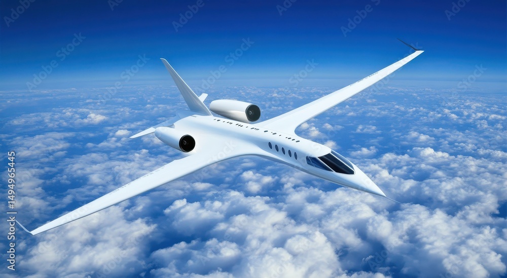 White jet plane soars above fluffy clouds White jet plane soars above fluffy clouds