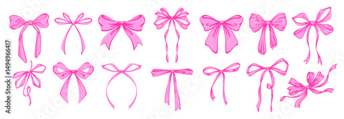 Pink Vintage coquette ribbon bows set. Whimsical Hand Drawn Rococo Style Illustration. Playful, feminine, coquette design in charming girly style. Retro aesthetics