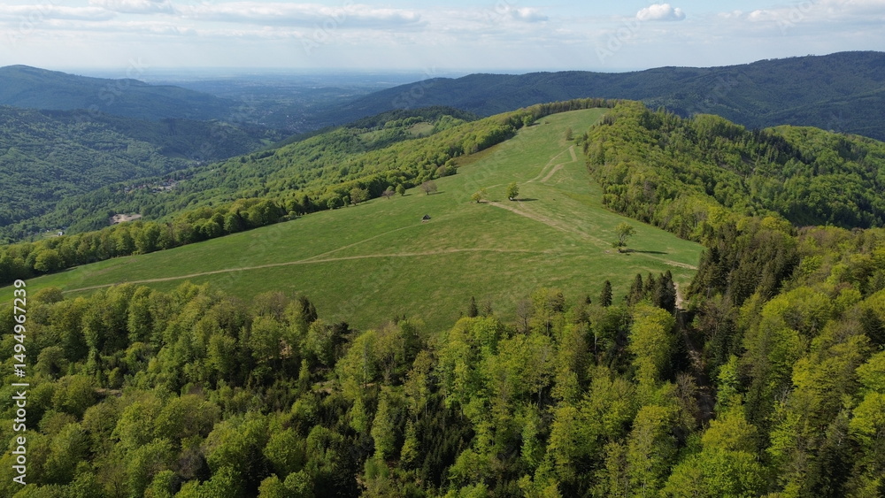Obraz premium Aerial Footage of Stary Gron Viewing Platform Beskid Mountains Poland..