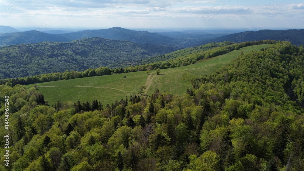 Fototapeta premium Aerial Footage of Stary Gron Viewing Platform Beskid Mountains Poland..
