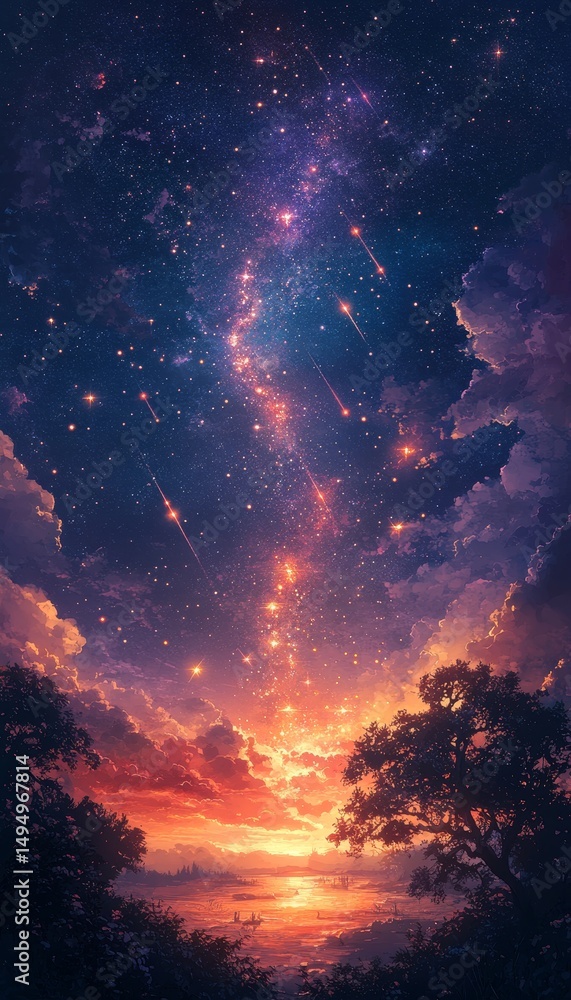 Fototapeta premium Starry Sunset Over Trees