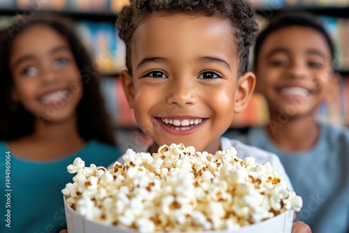 Smiling children enjoy popcorn together in a library during a fun movie night with books in the background