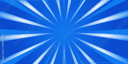 Blue comic sunburst effect background with halftone. Pop art comic-style vector background.