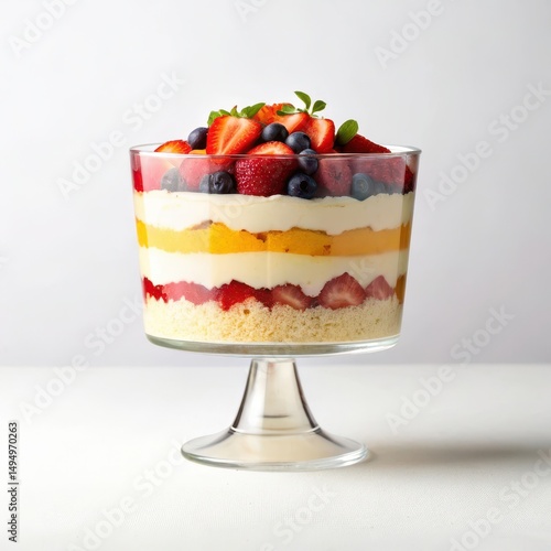 A beautifully layered trifle dessert with fresh fruit and cream captured from a side view to showcase its colorful layers