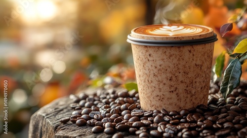 Warm Coffee Cup Surrounded by Coffee Beans in Natural Setting