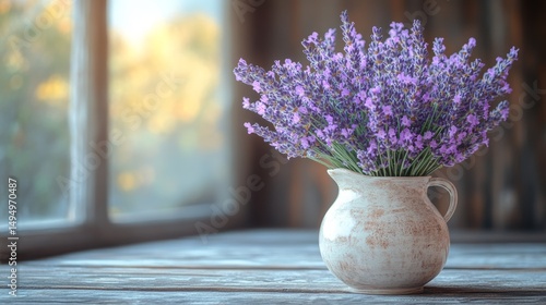 Fresh Lavender Bouquet in a Rustic Ceramic Vase on Wooden Table