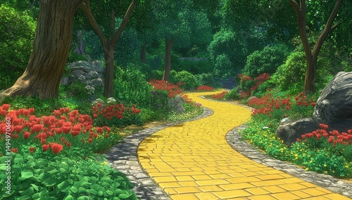 Yellow brick road winding through lush forest
