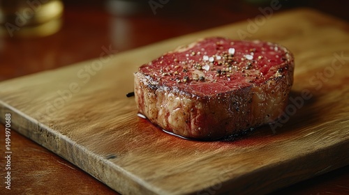Juicy Raw Steak on Wooden Cutting Board with Seasoning Spices