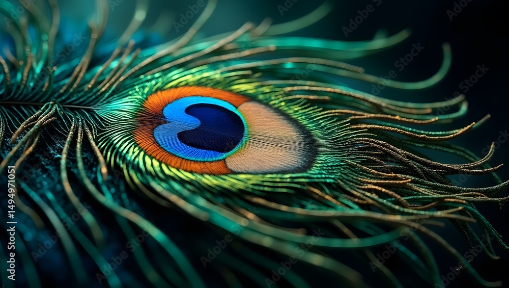 Obraz premium Peacock feather close up macro vibrant colors iridescent detail exotic bird art