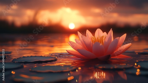 Serene Pink Water Lily Blooming at Sunset Over Tranquil Water Surface