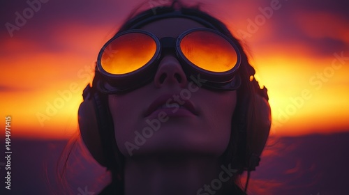 Young Woman in Aviator Goggles Against a Stunning Sunset Background