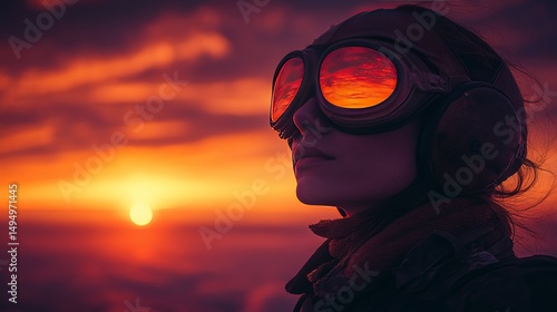Woman in Vintage Goggles Against a Stunning Sunset Sky Background