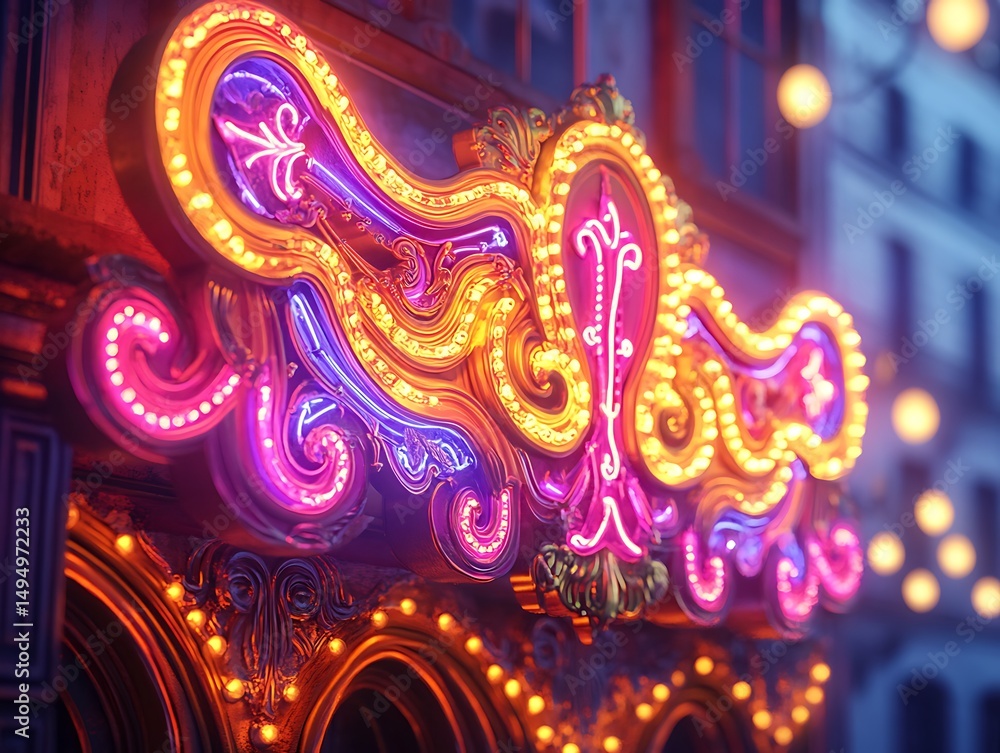 Fototapeta premium Vibrant neon sign artfully illuminates a building's facade with glowing elegance